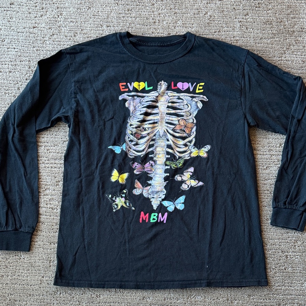 Black MBM Evol Love Long Sleeve Shirt with Colorful Skeleton and Butterflies